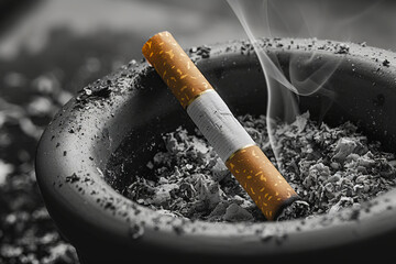 A cigarette is sitting in an ashtray.