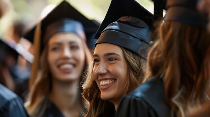 Fototapeta premium Young woman in graduation attire flashes a bright smile, evoking the joy of accomplishment at the ceremony
