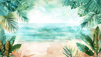 Watercolor Painting of a Tropical Beach Scene with Palms Swaying in the Gentle Breeze