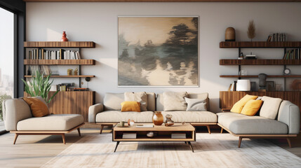 A refined living room aesthetic enhanced by a wood floating shelf, elegantly showcasing art pieces and decorative accents agnst a backdrop of muted colors