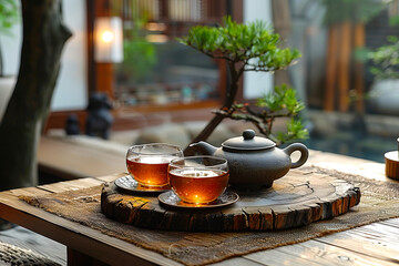 Two tea cups and a teapot on a wooden table.