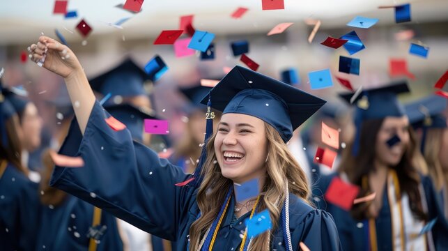 A beaming graduate in a blue cap and gown celebrates graduation with a colorful confetti shower