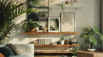 A refined living space with a focus on a meticulously organized wood floating shelf, showcasing a mix of plants, books, and art pieces, set agnst a backdrop of contemporary furnishings  