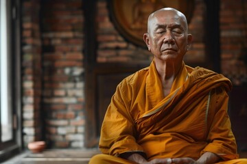 Obraz premium Serene Buddhist Monk Engaged in Deep Meditation Ceremony