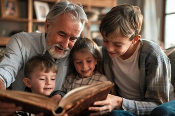 Cherished Memories: Father and Children Reflecting on Family History in Photo Album