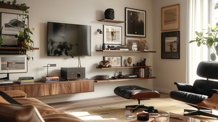 A refined modern living room featuring a sleek wood floating shelf, beautifully showcasing collectibles and framed artworks