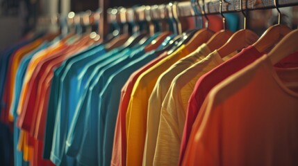 Fototapeta premium Colorful t-shirts hanging on wooden hangers in store. Generate AI image