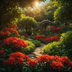 Stone path winds through lush garden filled with vibrant red flowers, green foliage. Sunlight filters through trees, casting warm glow over scene. Wooden archway stands at end of path.