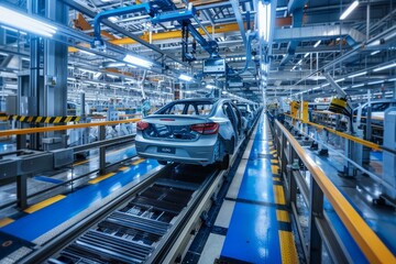 Efficient mass production line of contemporary vehicles in a bustling factory setting