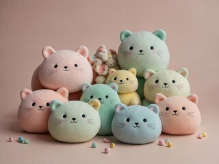 Group of round, plush cat toys arranged in pyramid shape on beige background. Cats variety of pastel colors, including pink, green, blue, yellow, they all have embroidered faces with smiles.
