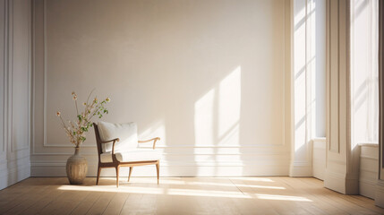 A serene room with a pristine white chr and table bathed in soft natural light from a nearby window, casting gentle shadows across the floor