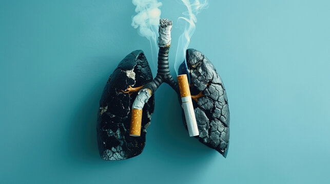 A cigarette in a smoker's lungs causes deterioration of health and death, the lungs are affected by disease, harm from smoking cigarettes, lung diseases