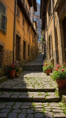 Fototapeta premium Narrow, cobblestone street winds its way uphill between rows of old, colorful buildings. Sunlight casts long shadows on street, highlighting texture of stones.