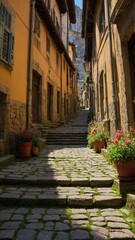 Narrow, cobblestone street winds its way uphill between rows of old, colorful buildings. Sunlight casts long shadows on street, highlighting texture of stones.