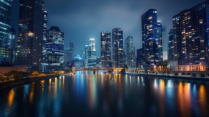 Striking city skyline at night with bright lights reflecting in waterfront, showcasing urban life