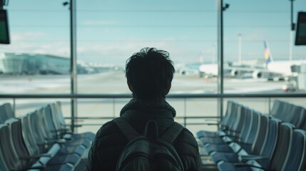 A weary traveler sits in a crowded airport terminal, looking at the departure board displaying numerous delayed flights, reflecting the frustration and inconvenience of disrupted travel plans.