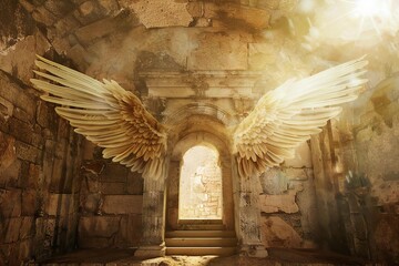 Angelic Presence at Ancient Tomb Entrance: AI-Generated Stock Photo