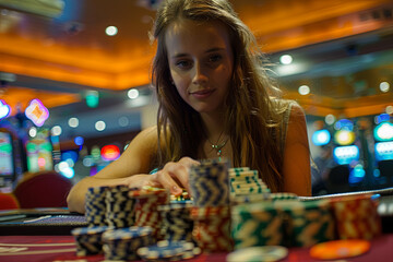 Woman playing in casino. Woman stakes piles of chips playing rou
