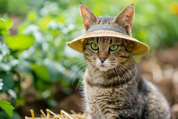 Tabby Cat Wearing a Gardener's Hat in Greenery
