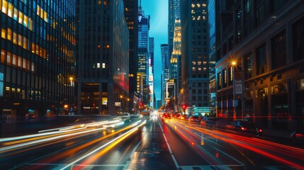 Obraz premium Nighttime city street scene with streaming traffic lights and illumination, showcasing urban life and the flow of a bustling city