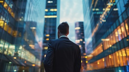 Back view of a businessman looking upwards towards the towering skyscrapers of a modern urban cityscape - Powered by Adobe