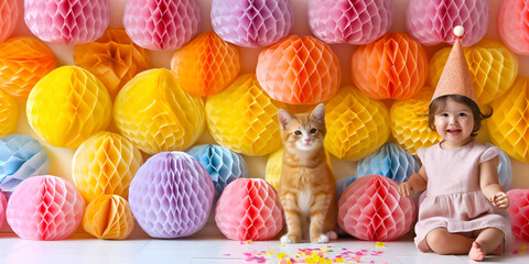 Joyful Birthday Girl wearing a party hat and cat in decorated room with colorful Paper Fans