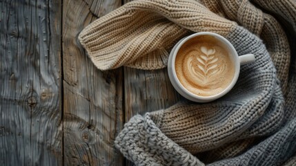 A cup of coffee with a knitted scarf on a wooden background. Generate AI image