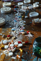 Purchase, possession and sale of drugs is punishable by law. Many types of narcotics and drugs represented on table
