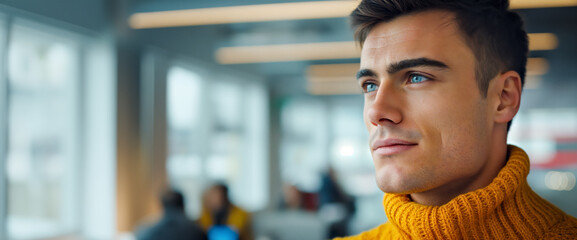 Young man in a vivid yellow sweater gazes ahead, his deep eyes reflecting ambition and optimism in a bustling office environment