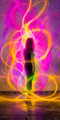 Silhouette of a woman stands enveloped by vibrant neon light patterns, evoking themes of energy, mystery, and the interplay of light