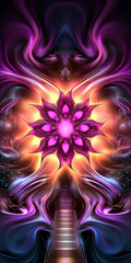 Vivid fractal flower as a mystical gateway on a path of enlightenment, flanked by cosmic energies and deep purples