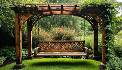 Wooden Garden Swing with Flowering Backdrop