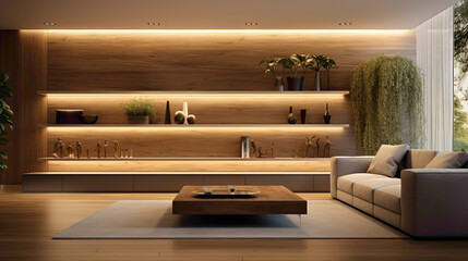 A sleek modern living room with a wood floating shelf adorned with elegant decor, casting a warm glow under recessed lighting