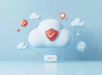 3d icon of cloud with shield and social media icons floating above it, light blue background, white border around the clouds, with message bubble on top with checkmark inside in red color