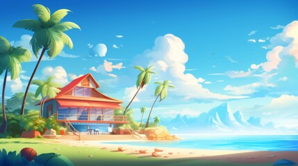Summer background of A painting of a house located on the sandy beach near the ocean