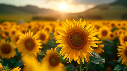 Obraz premium a sunflower field with rows of bright yellow blooms background