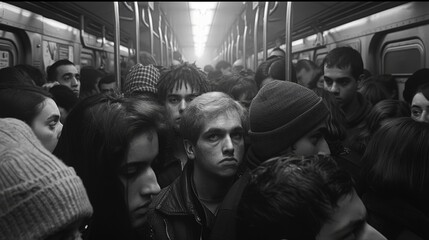 Crowded subway train with diverse passengers in close contact, black and white photography. Urban life and public transportation concept. Design for social campaign, documentary