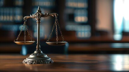 An elegant set of justice scales is prominently displayed on a desk, creating a strong sense of law, order, and fairness