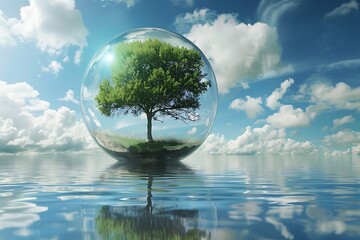 glass transparent sphere with tree inside on clear water symbolized planet earth and ecology,...
