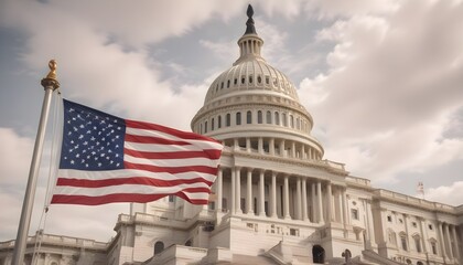 American independence day background with realistic America flag along its capital white house building 