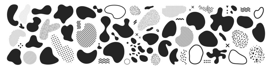 Random abstract liquid organic black irregular blotch shapes. Different forms, shape, splash vector black silhouettes set isolated on transparent background
