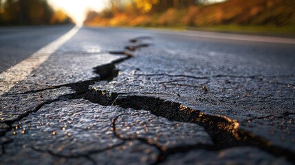 Fototapeta premium This detailed image shows the texture and impact of a long, deep crack running through an asphalt road's surface