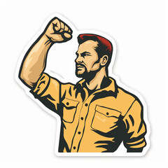 Man with raised fist,  bright sticker on a white background