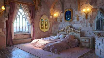 A magical children's bedroom inspired by a princess theme, featuring castle elements, elegant furniture, and soft purple tones.