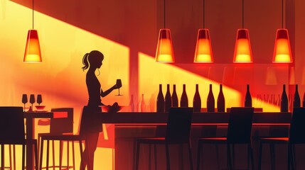Illustrate a sommelier in a fine dining restaurant, doubting her wine knowledge