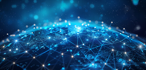 Abstract global network concept with blue glowing connections over the earth, map of Europe and America on starry sky background, information exchange in the cyber world