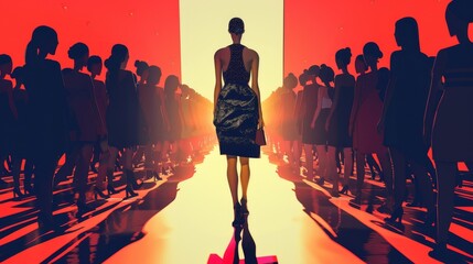 Show a fashion designer at a runway show, feeling like a pretender among her creations
