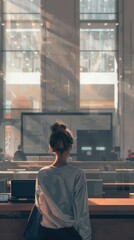 Show a city planner at a public hearing, feeling like she s not smart enough to make decisions