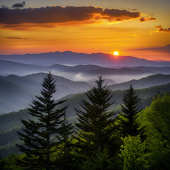 Naklejka na ściany i meble Breathtaking Sunset Over the Mystical Great Smoky Mountains, Tennessee.