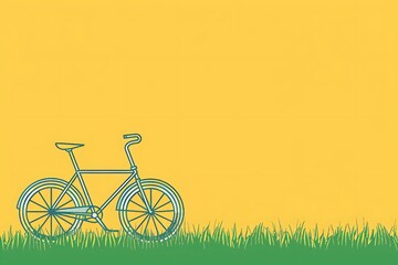 bicycle on grass isolated on yellow background, simple drawing style, bicycle world day card with copy space, transport travel wallpaper